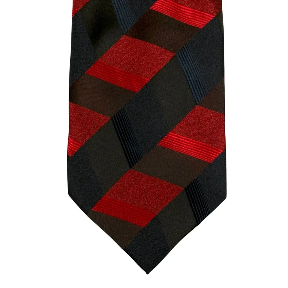 VTG Louis Vuitton Mens Silk Tie Red Black Navy Geometric Chevron‎ Made Italy 60